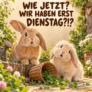 Zwei Kaninchen sitzen neben einem umgekippten Korb im blühenden Garten unter "Wie jetzt? Wir haben erst Dienstag?!?".