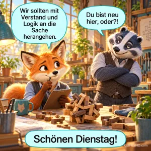 Ein Fuchs mit Klemmbrett und ein Dachs mit verschränkten Armen stehen an einer Werkbank mit Holzklötzen und dem Gruß "Schönen Dienstag!".