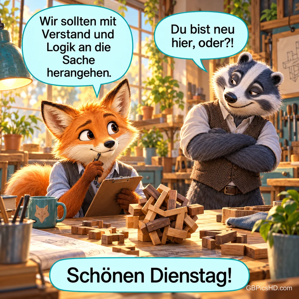 Ein Fuchs mit Klemmbrett und ein Dachs mit verschränkten Armen stehen an einer Werkbank mit Holzklötzen und dem Gruß "Schönen Dienstag!".
