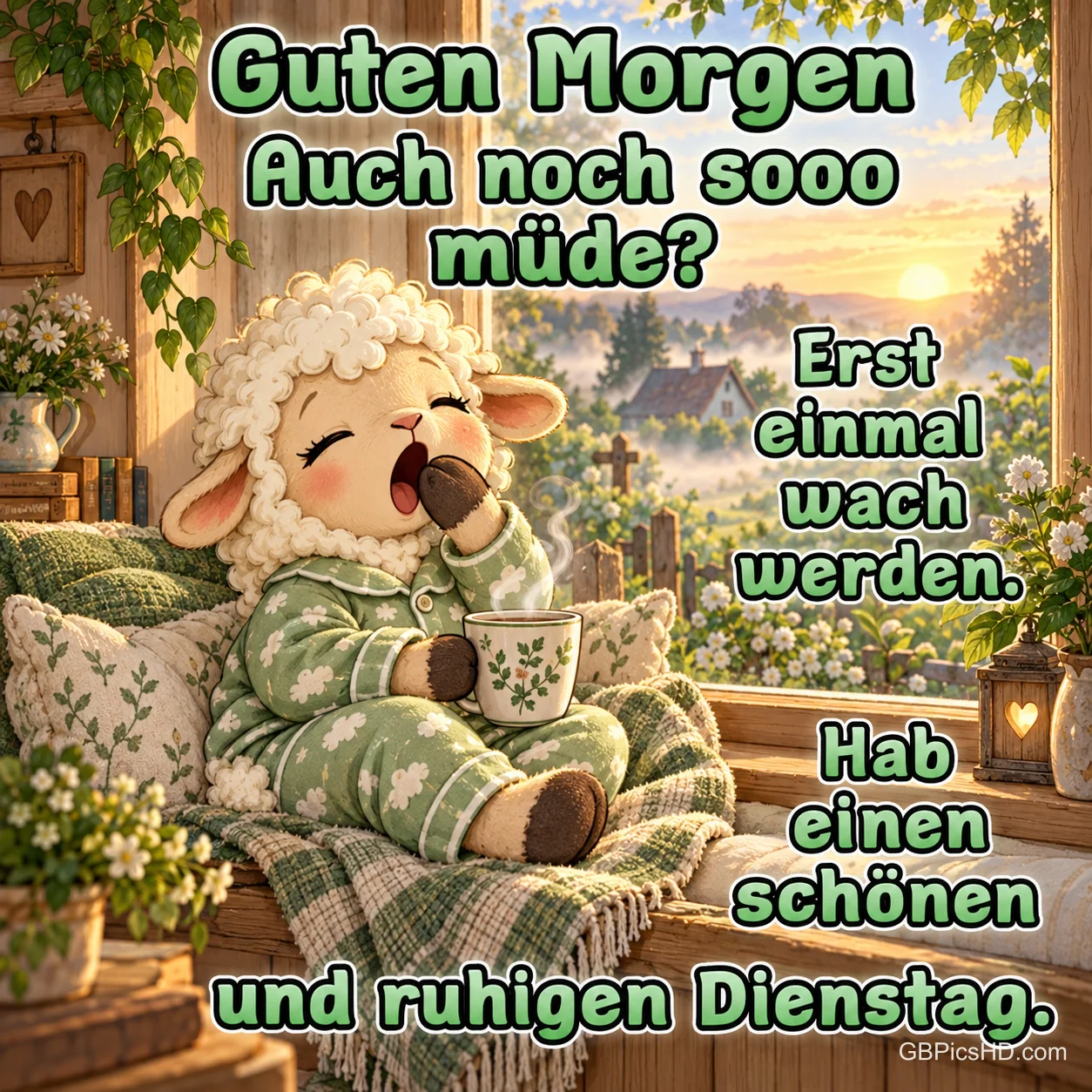 Ein gähnendes Schäfchen im grünen Schlafanzug sitzt mit einer Tasse am Fenster im Morgenlicht neben "Guten Morgen". Ein gähnendes Schäfchen im grünen Schlafanzug sitzt mit einer Tasse am Fenster im Morgenlicht neben "Guten Morgen".