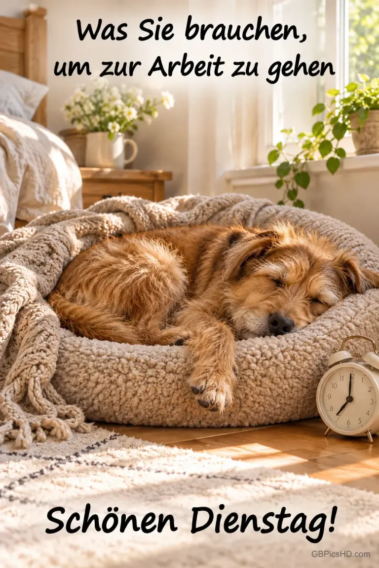Ein brauner Hund schläft in einem flauschigen Körbchen neben einem Wecker; darunter steht "Schönen Dienstag!".