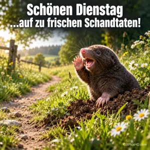 Ein Maulwurf hebt eine Pfote auf einem Erdhügel neben einem blühenden Weg unter "Schönen Dienstag ...auf zu frischen Schandtaten!".