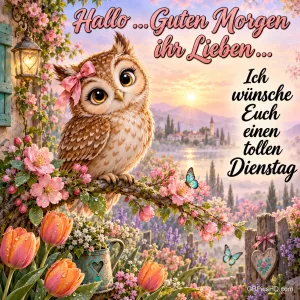 Eine Eule mit rosa Schleife sitzt auf einem blühenden Ast vor einer Seelandschaft neben "Ich wünsche Euch einen tollen Dienstag".