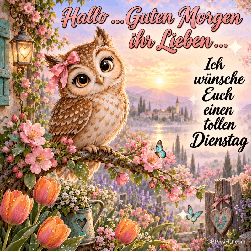 Eine Eule mit rosa Schleife sitzt auf einem blühenden Ast vor einer Seelandschaft neben "Ich wünsche Euch einen tollen Dienstag". Eine Eule mit rosa Schleife sitzt auf einem blühenden Ast vor einer Seelandschaft neben "Ich wünsche Euch einen tollen Dienstag".