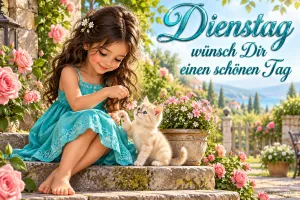 Ein Mädchen im türkisfarbenen Kleid spielt mit einem Kätzchen auf Gartentreppen neben "Dienstag wünsch Dir einen schönen Tag".