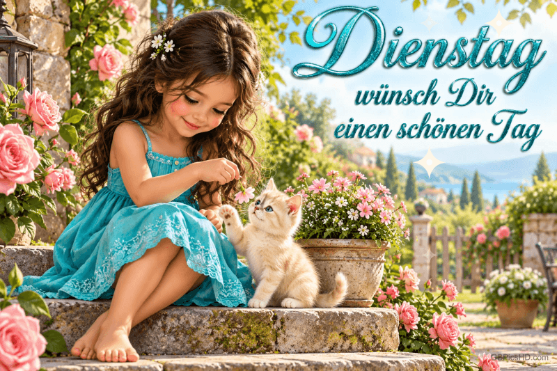 Ein Mädchen im türkisfarbenen Kleid spielt mit einem Kätzchen auf Gartentreppen neben "Dienstag wünsch Dir einen schönen Tag". Ein Mädchen im türkisfarbenen Kleid spielt mit einem Kätzchen auf Gartentreppen neben "Dienstag wünsch Dir einen schönen Tag".