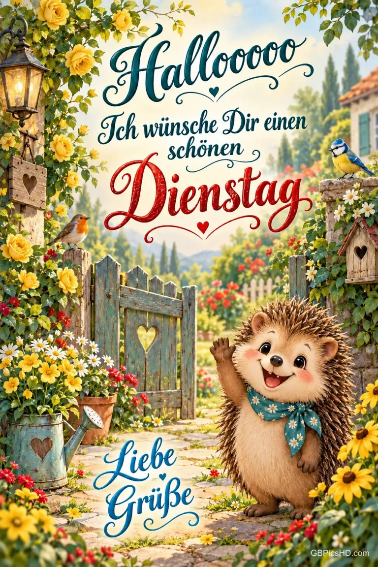 Ein winkender Igel mit blauem Halstuch im Blumengarten grüßt mit "Hallooooo Ich wünsche Dir einen schönen Dienstag Liebe Grüße".