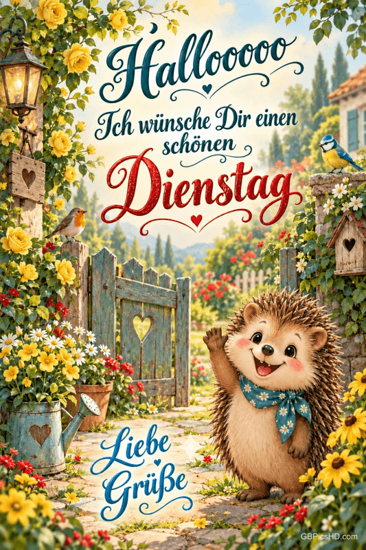 Ein winkender Igel mit blauem Halstuch im Blumengarten grüßt mit "Hallooooo Ich wünsche Dir einen schönen Dienstag Liebe Grüße". Ein winkender Igel mit blauem Halstuch im Blumengarten grüßt mit "Hallooooo Ich wünsche Dir einen schönen Dienstag Liebe Grüße".