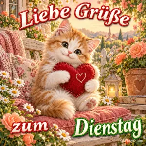 Ein orange-weißes Kätzchen hält auf einer Gartenbank ein rotes Stoffherz unter dem Gruß "Liebe Grüße zum Dienstag".