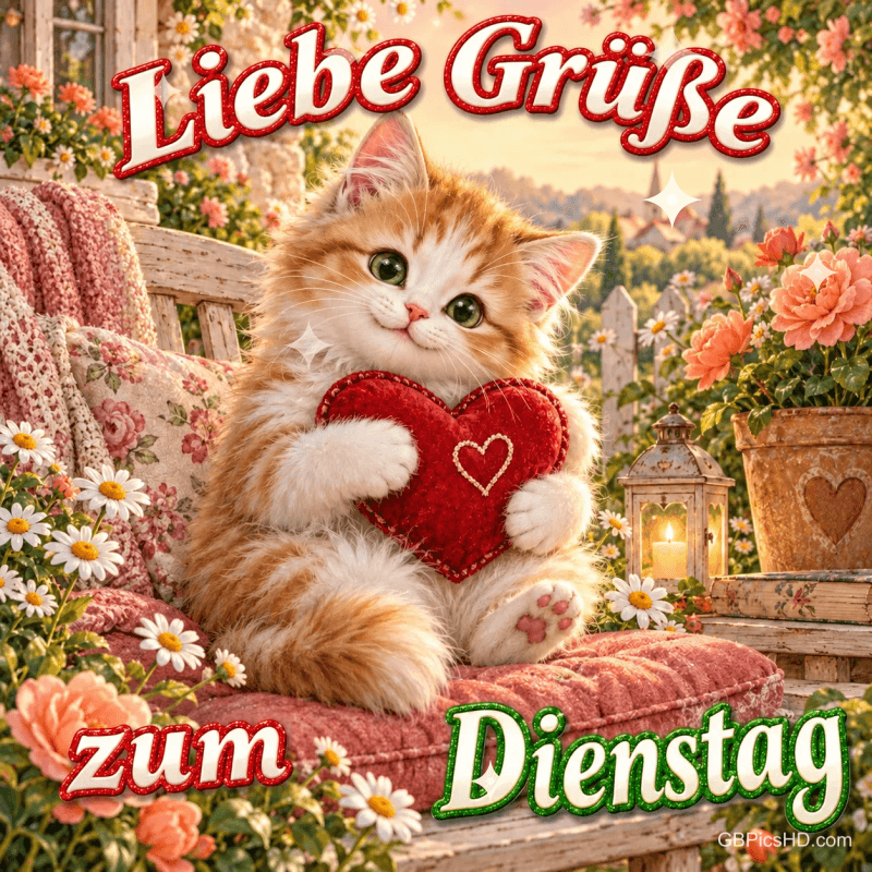 Ein orange-weißes Kätzchen hält auf einer Gartenbank ein rotes Stoffherz unter dem Gruß "Liebe Grüße zum Dienstag".