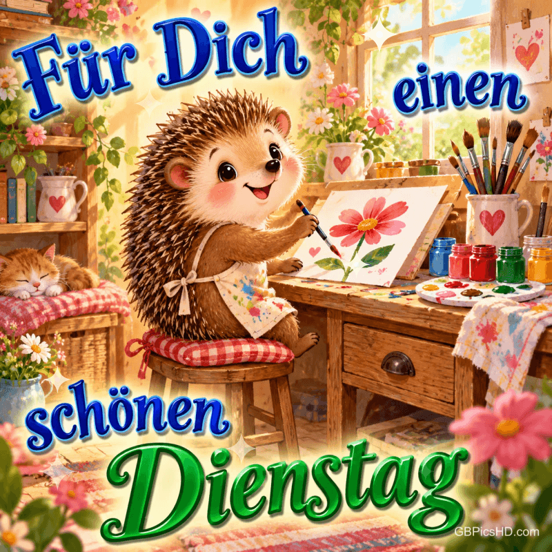 Ein Igel malt eine rosa Blume am Holztisch, während eine Katze schläft; dazu steht "Für Dich einen schönen Dienstag".