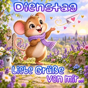Eine Maus mit violettem Schal winkt einem Papierflieger mit Herz im Blumengarten zu: "Dienstag Liebe Grüße von mir ...".