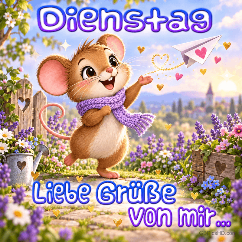 Eine Maus mit violettem Schal winkt einem Papierflieger mit Herz im Blumengarten zu: "Dienstag Liebe Grüße von mir ...". Eine Maus mit violettem Schal winkt einem Papierflieger mit Herz im Blumengarten zu: "Dienstag Liebe Grüße von mir ...".