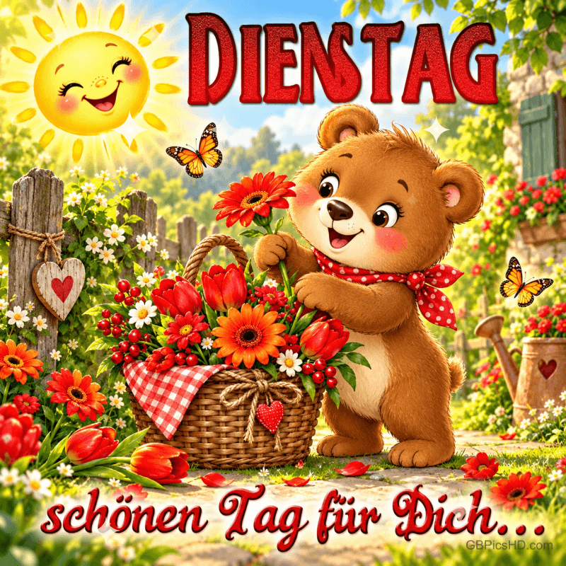 Ein Bär mit rotem Halstuch hält eine Blume neben einem Blumenkorb; darüber lacht die Sonne: "DIENSTAG Schönen Tag für Dich...". Ein Bär mit rotem Halstuch hält eine Blume neben einem Blumenkorb; darüber lacht die Sonne: "DIENSTAG Schönen Tag für Dich...".