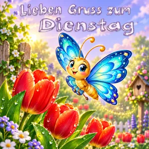 Ein lächelnder Schmetterling mit blauen Flügeln fliegt über rote Tulpen unter dem Schriftzug "Lieben Gruß zum Dienstag".