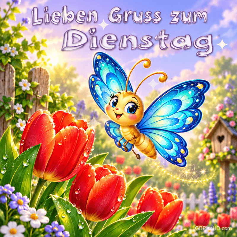 Ein lächelnder Schmetterling mit blauen Flügeln fliegt über rote Tulpen unter dem Schriftzug "Lieben Gruß zum Dienstag". Ein lächelnder Schmetterling mit blauen Flügeln fliegt über rote Tulpen unter dem Schriftzug "Lieben Gruß zum Dienstag".