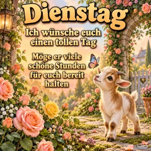 Zicklein mit Schmetterling und "Dienstag Ich wünsche euch einen tollen Tag Möge er viele schöne Stunden für euch bereithalten".
