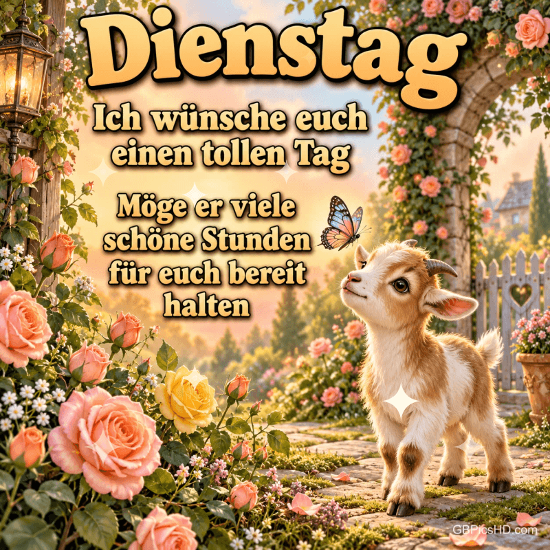 Zicklein mit Schmetterling und "Dienstag Ich wünsche euch einen tollen Tag Möge er viele schöne Stunden für euch bereithalten". Zicklein mit Schmetterling und "Dienstag Ich wünsche euch einen tollen Tag Möge er viele schöne Stunden für euch bereithalten".