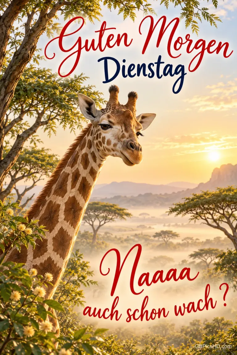 Eine Giraffe schaut zwischen Bäumen über die Savanne im Morgenlicht: "Guten Morgen Dienstag Naaaa auch schon wach?".
