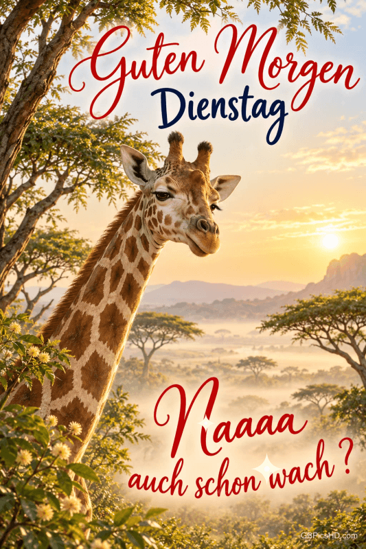 Eine Giraffe schaut zwischen Bäumen über die Savanne im Morgenlicht: "Guten Morgen Dienstag Naaaa auch schon wach?". Eine Giraffe schaut zwischen Bäumen über die Savanne im Morgenlicht: "Guten Morgen Dienstag Naaaa auch schon wach?".