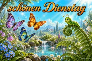 Schmetterlinge und eine Raupe am Farn vor einem Bach mit Blumen, dazu "Schönen Dienstag".