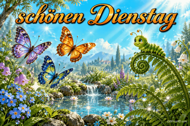 Schmetterlinge und eine Raupe am Farn vor einem Bach mit Blumen, dazu "Schönen Dienstag". Schmetterlinge und eine Raupe am Farn vor einem Bach mit Blumen, dazu "Schönen Dienstag".