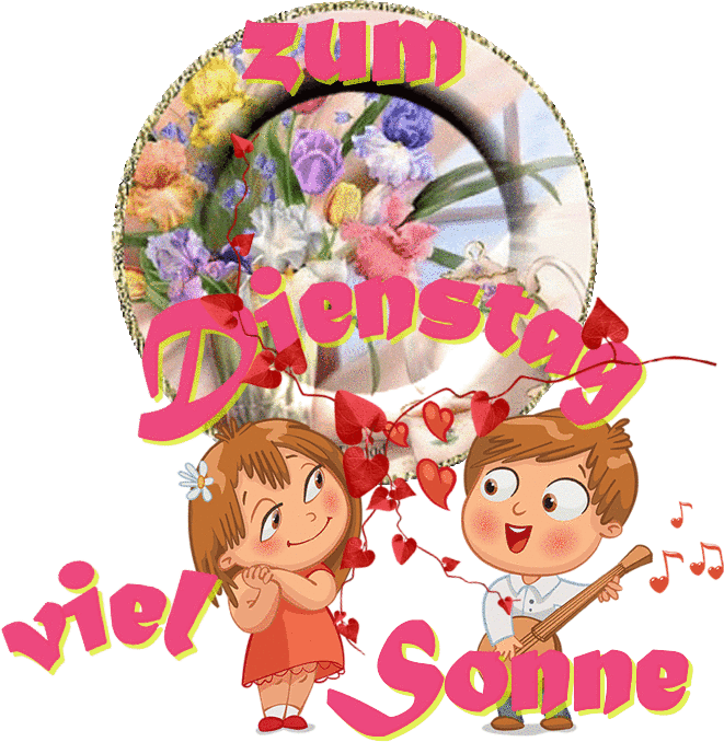 Kinder mit Herzen und Blumen, die einen sonnigen Dienstag wünschen. Kinder mit Herzen und Blumen, die einen sonnigen Dienstag wünschen.