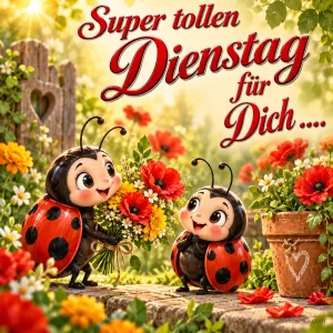 Zwei lächelnde Marienkäfer mit einem Blumenstrauß im Garten und dem Gruß "Super tollen Dienstag für Dich ....".
