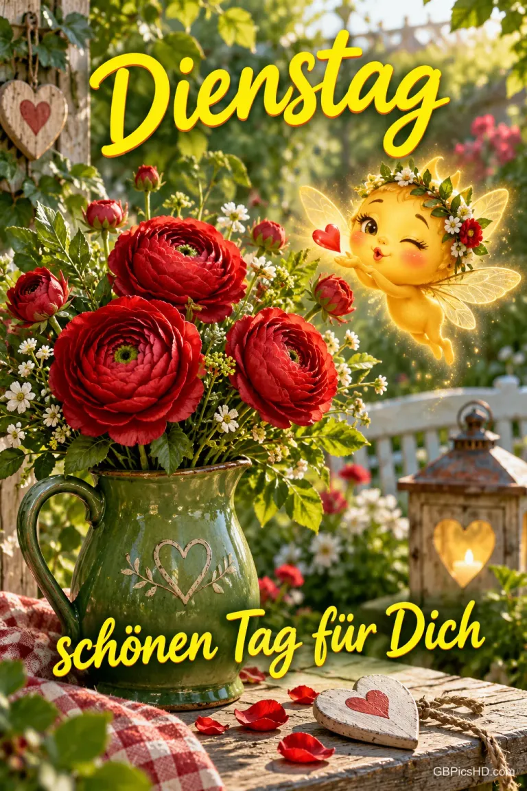 Rote Blüten in einem grünen Krug, eine gelbe Blumenfee und eine Herzlaterne mit "Dienstag Schönen Tag für Dich".