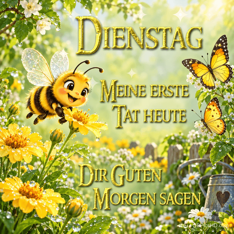 Eine lächelnde Biene bei gelben Blumen und zwei Schmetterlinge mit "Dienstag Meine erste Tat heute Dir guten Morgen sagen". Eine lächelnde Biene bei gelben Blumen und zwei Schmetterlinge mit "Dienstag Meine erste Tat heute Dir guten Morgen sagen".