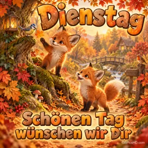 Zwei junge Füchse und zwei Vögel in einer herbstlichen Waldszene mit "Dienstag Schönen Tag wünschen wir Dir".