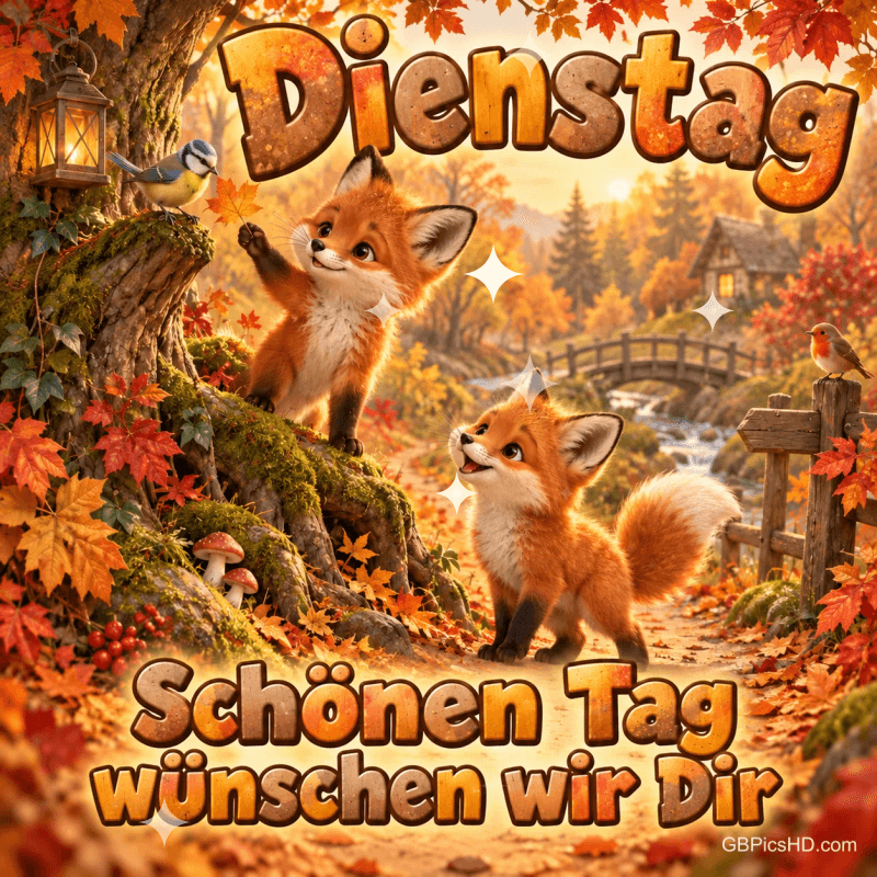 Zwei junge Füchse und zwei Vögel in einer herbstlichen Waldszene mit "Dienstag Schönen Tag wünschen wir Dir". Zwei junge Füchse und zwei Vögel in einer herbstlichen Waldszene mit "Dienstag Schönen Tag wünschen wir Dir".