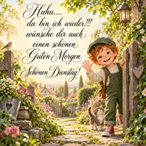 Winkendes Kind mit Kätzchen am Gartentor: "Huhu.... Da bin ich wieder!!! Wünsche dir auch einen schönen guten Morgen Schönen Dienstag!"