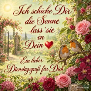 Zwei Rotkehlchen zwischen Rosen: "Ich schicke Dir die Sonne lass sie in Dein ❤️ Ein lieber Dienstagsgruß für Dich".