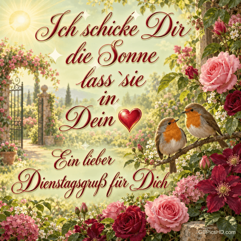 Zwei Rotkehlchen zwischen Rosen: "Ich schicke Dir die Sonne lass sie in Dein ❤️ Ein lieber Dienstagsgruß für Dich". Zwei Rotkehlchen zwischen Rosen: "Ich schicke Dir die Sonne lass sie in Dein ❤️ Ein lieber Dienstagsgruß für Dich".