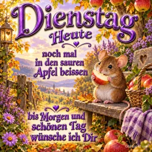 Maus mit Apfel im Herbstgarten: "Dienstag Heute noch mal in den sauren Apfel beißen bis morgen und schönen Tag wünsche ich Dir".