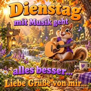 Ein Eichhörnchen spielt im Herbstwald Gitarre: "Dienstag mit Musik geht alles besser... Liebe Grüße von mir...".