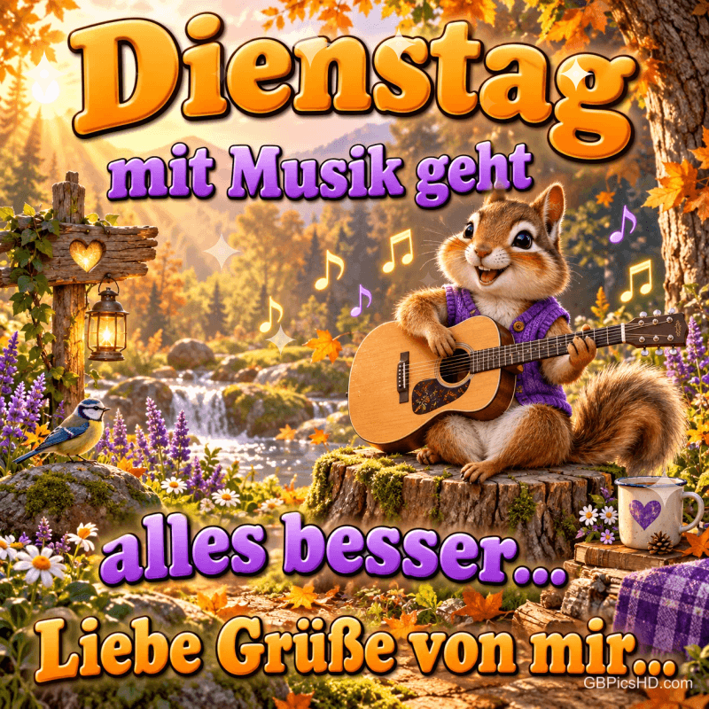 Ein Eichhörnchen spielt im Herbstwald Gitarre: "Dienstag mit Musik geht alles besser... Liebe Grüße von mir...". Ein Eichhörnchen spielt im Herbstwald Gitarre: "Dienstag mit Musik geht alles besser... Liebe Grüße von mir...".