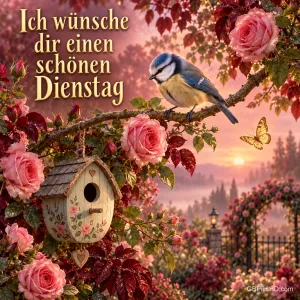 Eine Blaumeise sitzt zwischen rosa Rosen über einem Vogelhaus: "Ich wünsche dir einen schönen Dienstag".