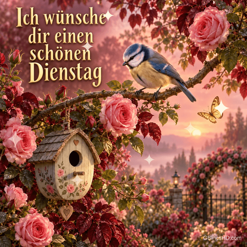 Eine Blaumeise sitzt zwischen rosa Rosen über einem Vogelhaus: "Ich wünsche dir einen schönen Dienstag". Eine Blaumeise sitzt zwischen rosa Rosen über einem Vogelhaus: "Ich wünsche dir einen schönen Dienstag".