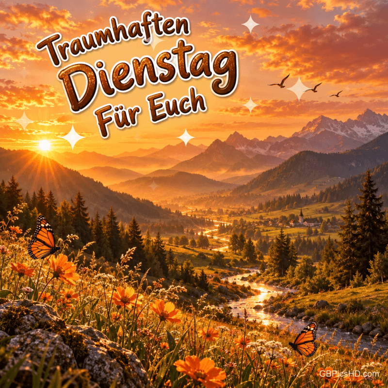 Die Sonne leuchtet über einem Bergtal mit Bach, Blumen und Schmetterlingen: "Traumhaften Dienstag für Euch". Die Sonne leuchtet über einem Bergtal mit Bach, Blumen und Schmetterlingen: "Traumhaften Dienstag für Euch".