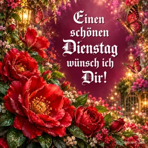 Rote Blüten und Schmetterlinge umrahmen den Gruß "Einen schönen Dienstag wünsch ich Dir!" vor Laternenlicht.