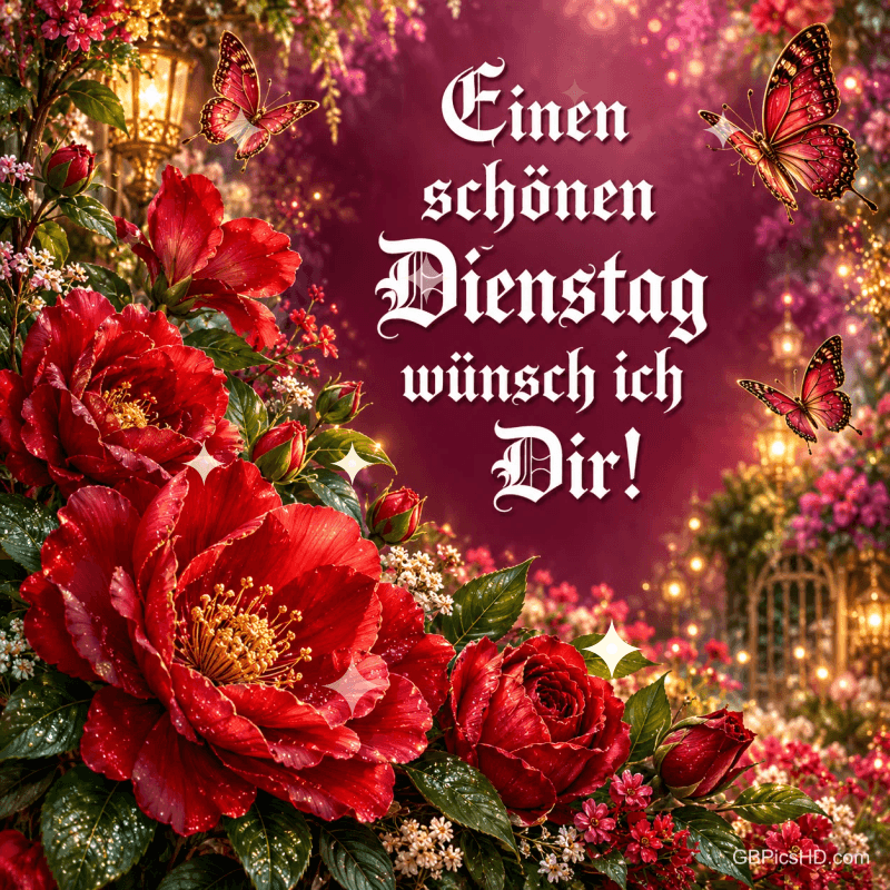 Rote Blüten und Schmetterlinge umrahmen den Gruß "Einen schönen Dienstag wünsch ich Dir!" vor Laternenlicht. Rote Blüten und Schmetterlinge umrahmen den Gruß "Einen schönen Dienstag wünsch ich Dir!" vor Laternenlicht.