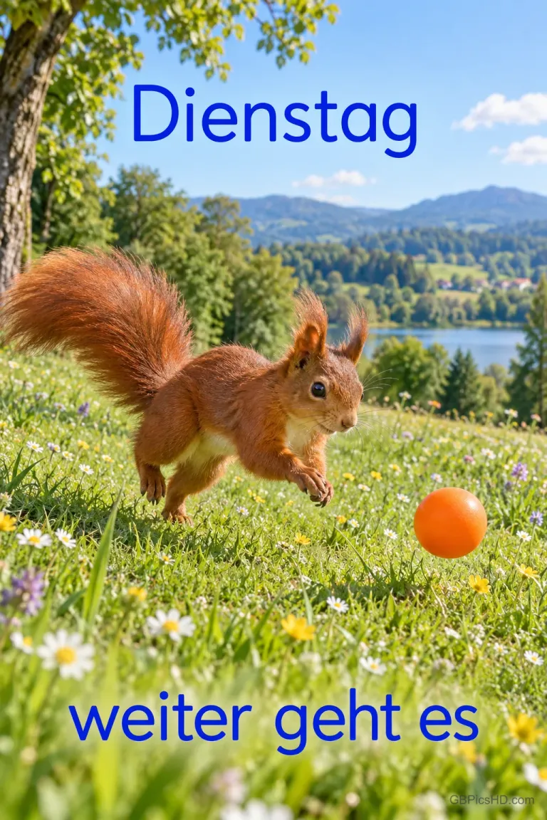 Ein Eichhörnchen springt auf einer Blumenwiese einem orangefarbenen Ball entgegen: "Dienstag weiter geht es".