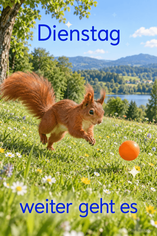 Ein Eichhörnchen springt auf einer Blumenwiese einem orangefarbenen Ball entgegen: "Dienstag weiter geht es". Ein Eichhörnchen springt auf einer Blumenwiese einem orangefarbenen Ball entgegen: "Dienstag weiter geht es".