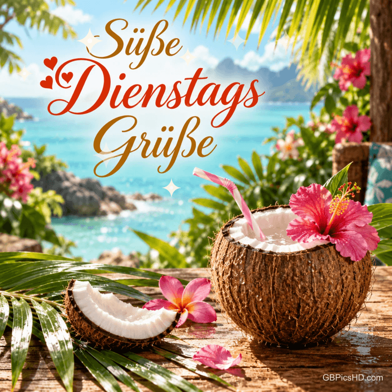 Eine Kokosnuss mit Strohhalm und Hibiskus steht vor türkisblauem Meer: "Süße Dienstagsgrüße". Eine Kokosnuss mit Strohhalm und Hibiskus steht vor türkisblauem Meer: "Süße Dienstagsgrüße".