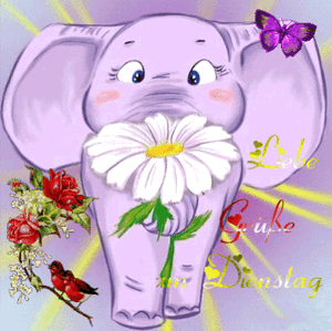 Niedlicher lila Elefant mit Blume, Rosen, Vogel und Schmetterling als Gruß zum Dienstag.