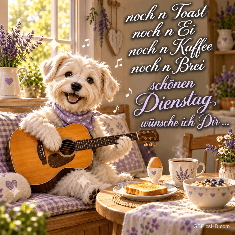 Ein Hund hält eine Gitarre neben Toast, Ei, Kaffee und einer Schüssel; daneben steht "schönen Dienstag wünsche ich Dir ...". Ein Hund hält eine Gitarre neben Toast, Ei, Kaffee und einer Schüssel; daneben steht "schönen Dienstag wünsche ich Dir ...".