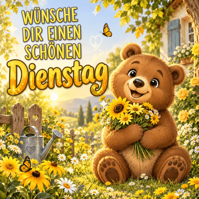 Ein lächelnder Teddybär hält gelbe Blumen im Garten: "Wünsche Dir einen schönen Dienstag". Ein lächelnder Teddybär hält gelbe Blumen im Garten: "Wünsche Dir einen schönen Dienstag".