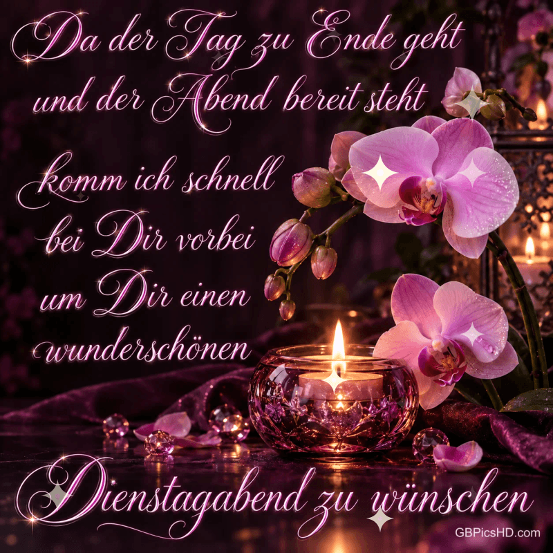 Rosa Orchideen und eine brennende Kerze begleiten den Wunsch "einen wunderschönen Dienstagabend". Rosa Orchideen und eine brennende Kerze begleiten den Wunsch "einen wunderschönen Dienstagabend".